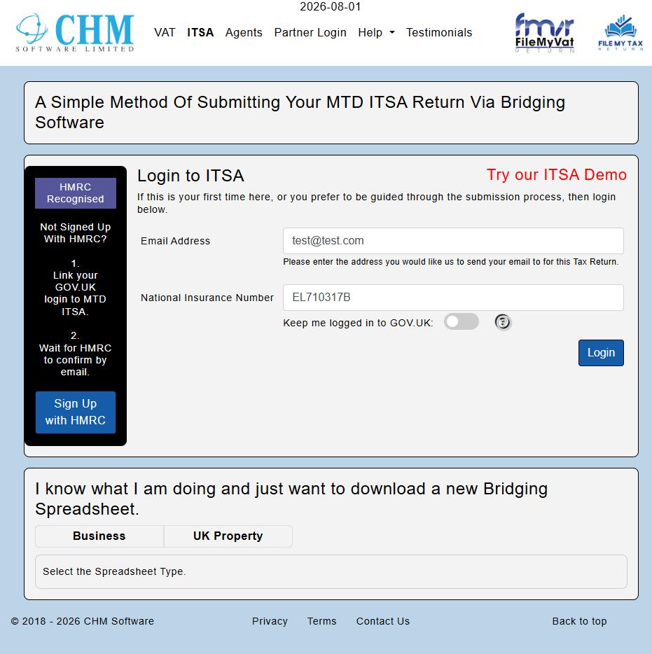 MTD ITSA Login page